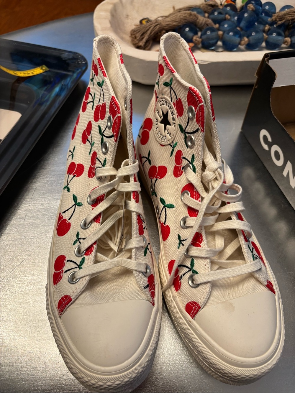Converse High Top Sneakers in White with Red Cherry Print - Picture 9 of 9